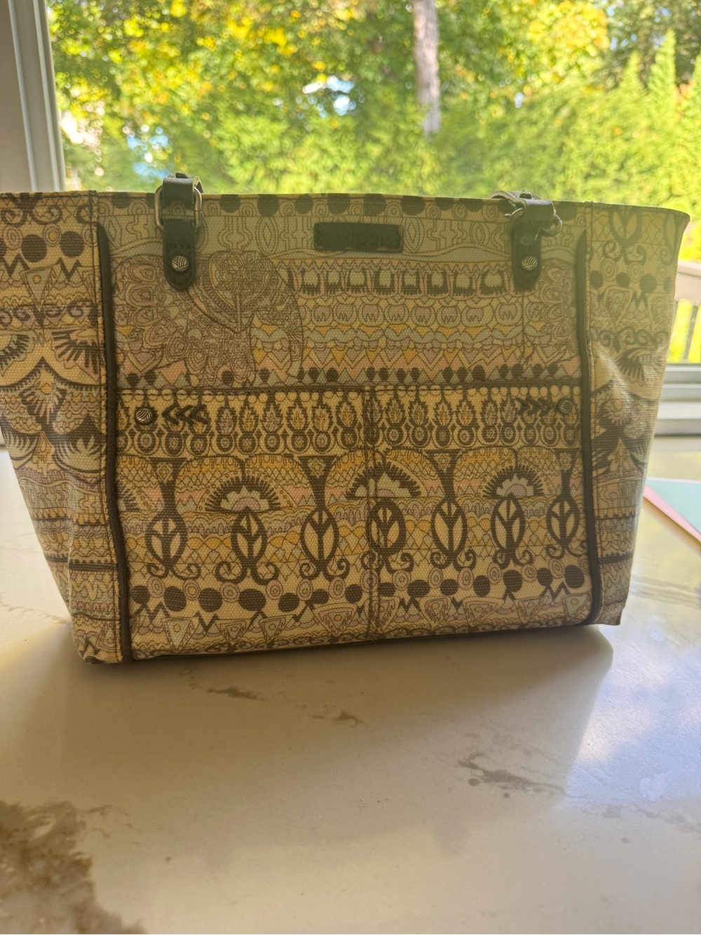 Sakroots Tan and Brown Patterned Canvas Tote with Leather Handles